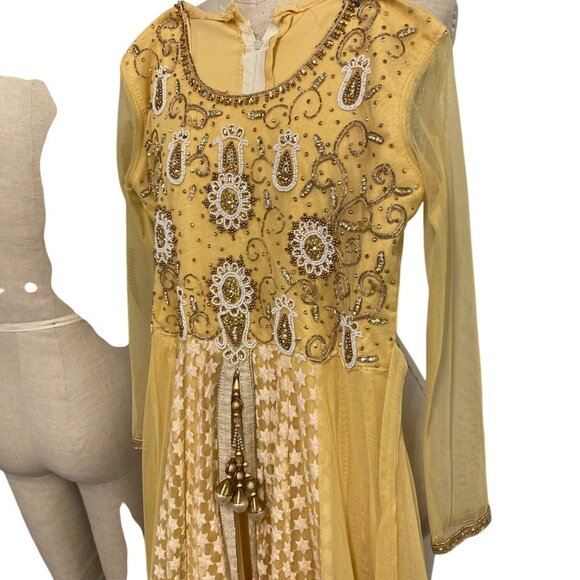 Vintage Yellow Embroidered Anarkali Dress With Beaded Details As Is - Picture 10 of 16